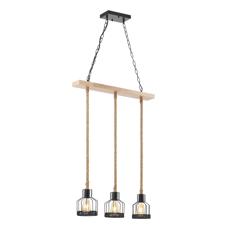 Pendant light fixture with wooden bar, ropes, and three glass lampshades on a white background