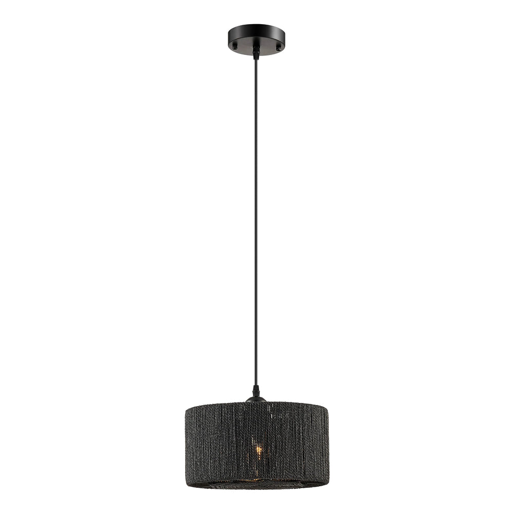 Black pendant light with textured shade on a white background 