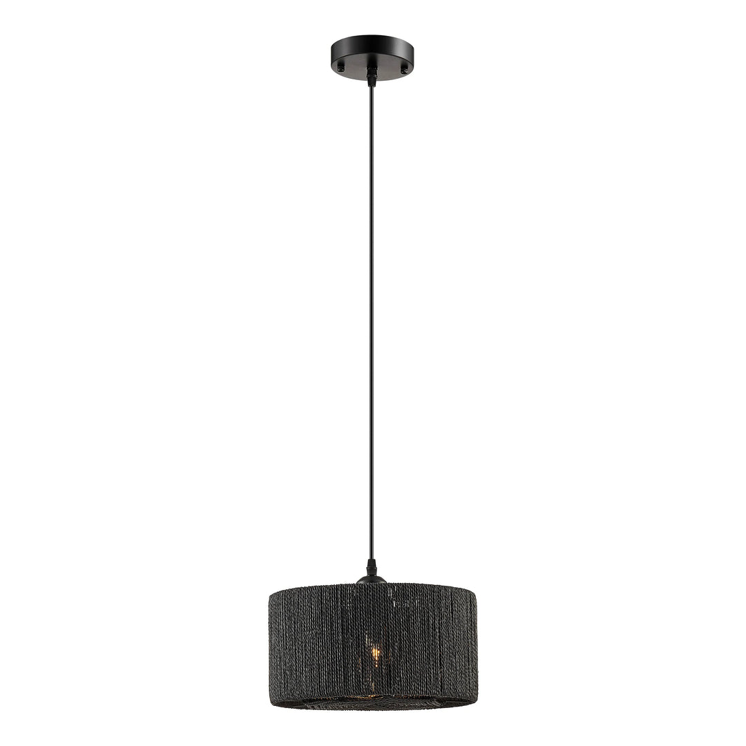 Black pendant light with textured shade on a white background 