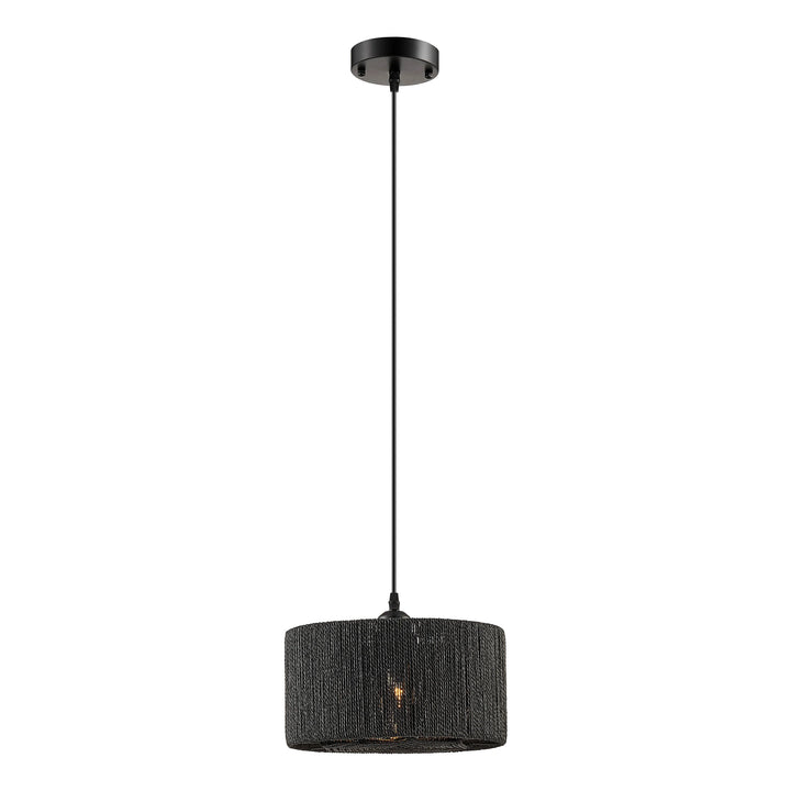 Black pendant light with textured shade on a white background 