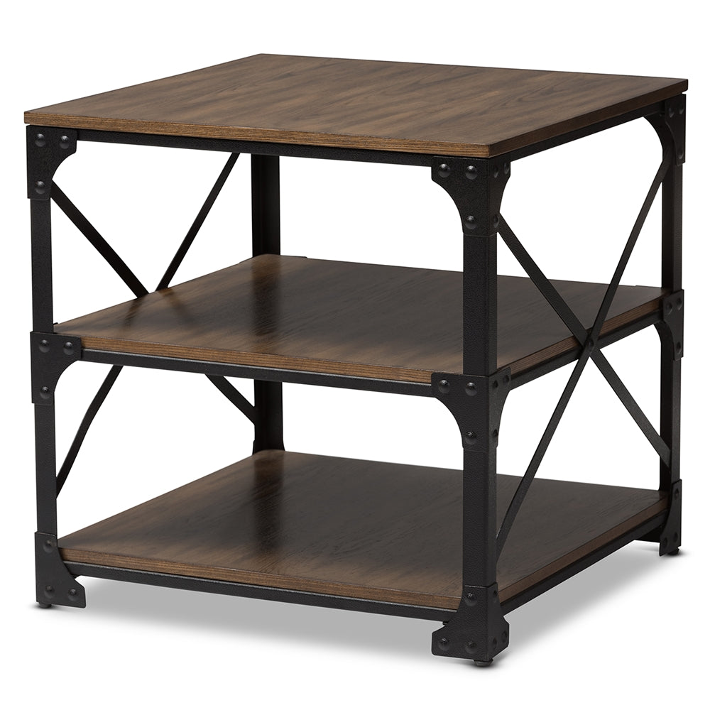 Vintage Industrial Antique Bronze Metal and Distressed Wood End Table