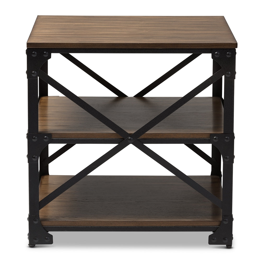 Vintage Industrial Antique Bronze Metal and Distressed Wood End Table