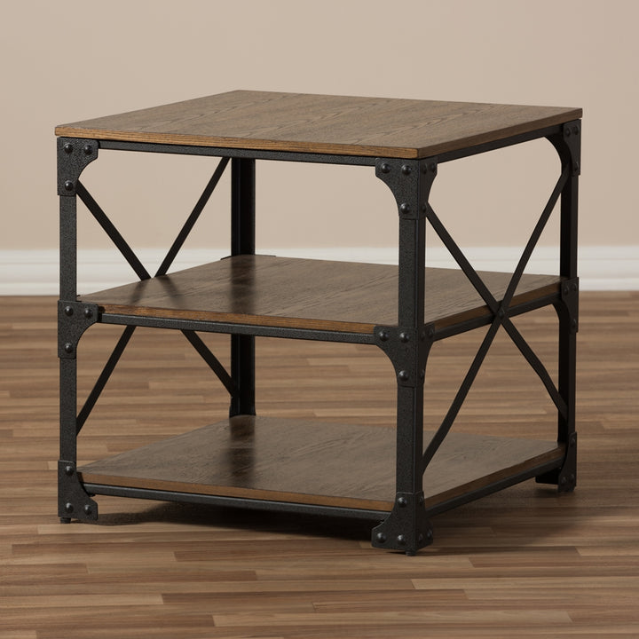 Vintage Industrial Antique Bronze Metal and Distressed Wood End Table