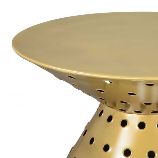 Gold side table with perforated design on a white background