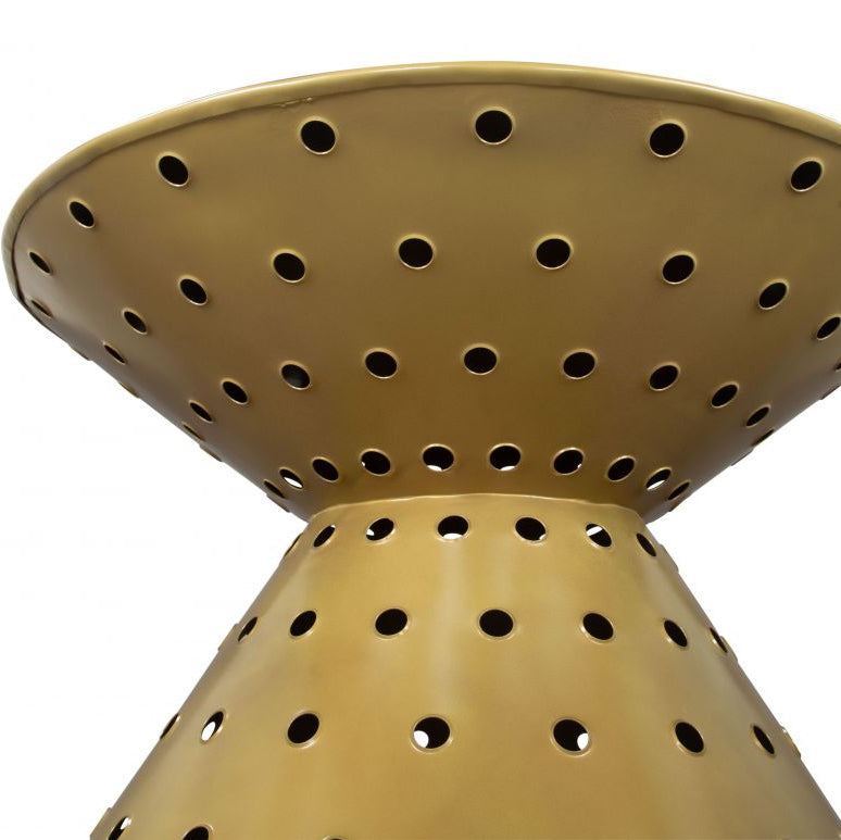 Beige metal colander with holes on a white background