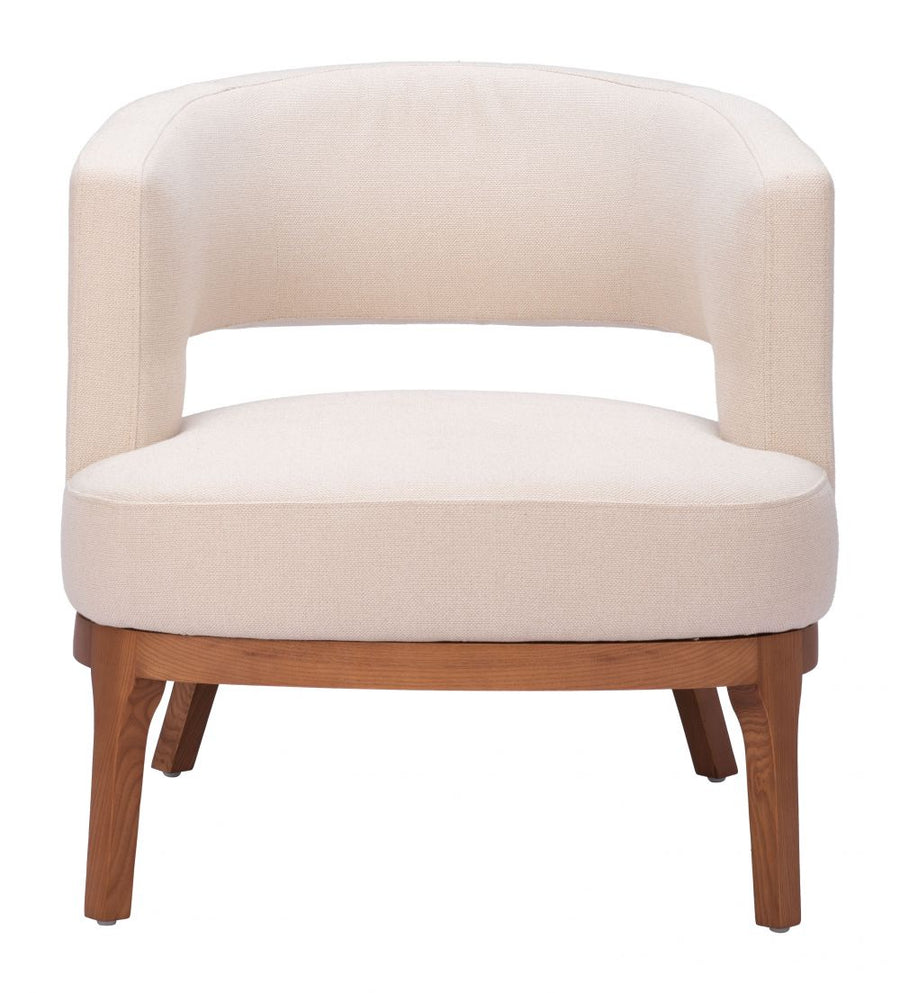Beige armchair with wooden legs on a white background