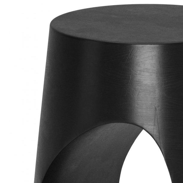 Black cylindrical stool with a central circular cutout on a white background