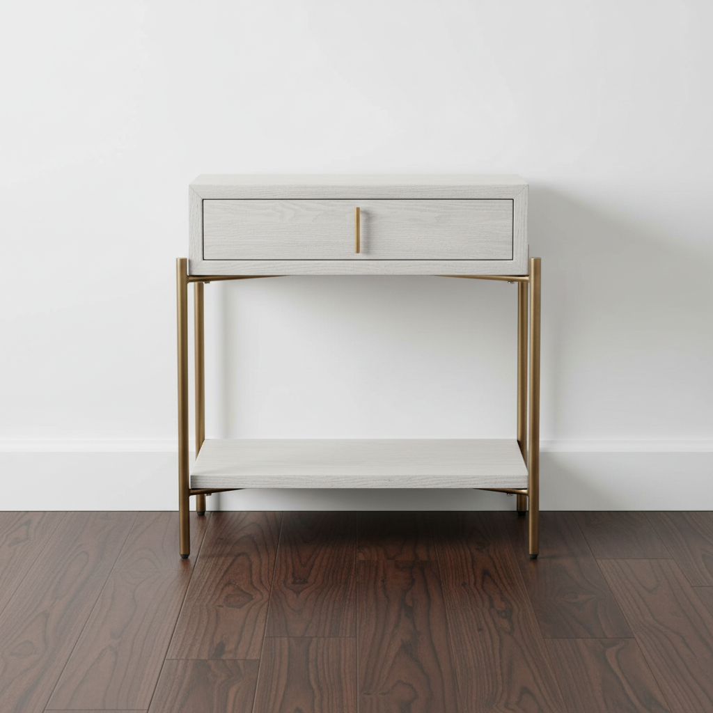 White side table with gold legs against a white wall