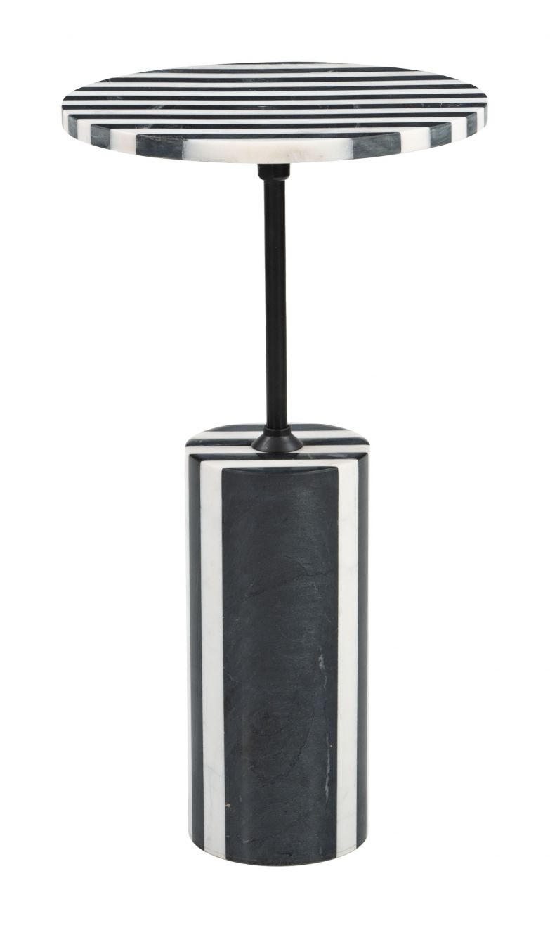 Round table with striped top and black cylindrical base on a white background