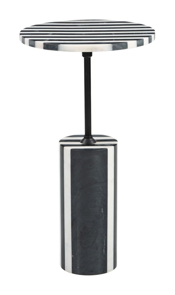 Round table with striped top and black cylindrical base on a white background