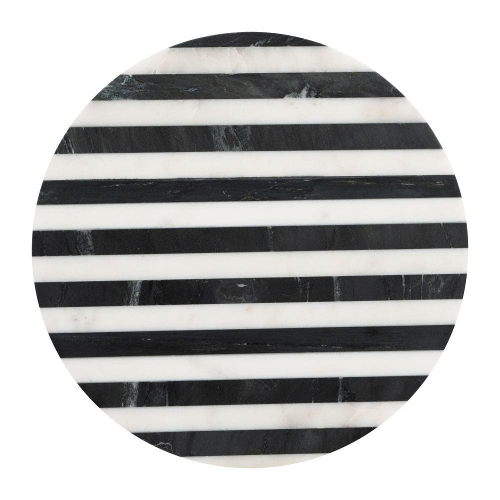 Round marble coaster with black and white striped pattern on a white background