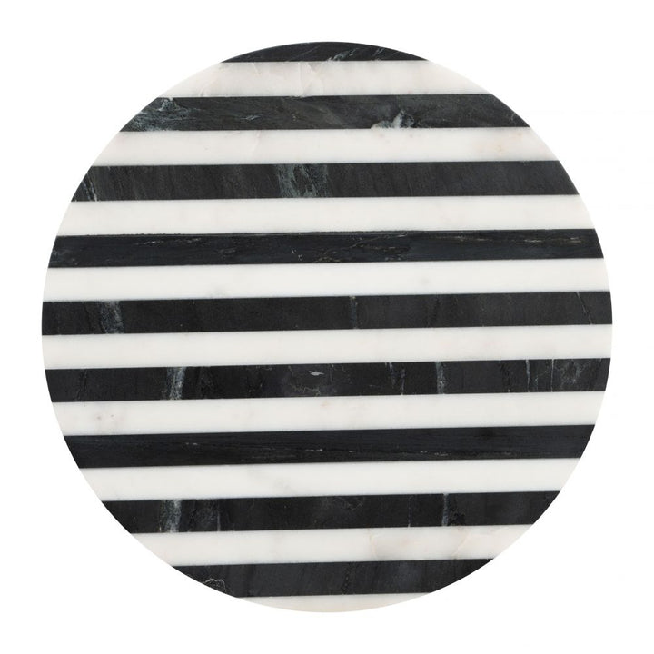Round marble coaster with black and white striped pattern on a white background