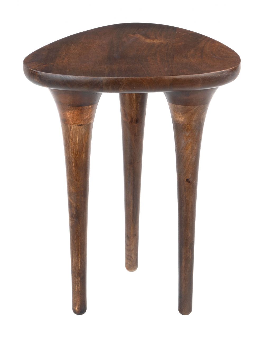 Wooden side table with three legs on a white background