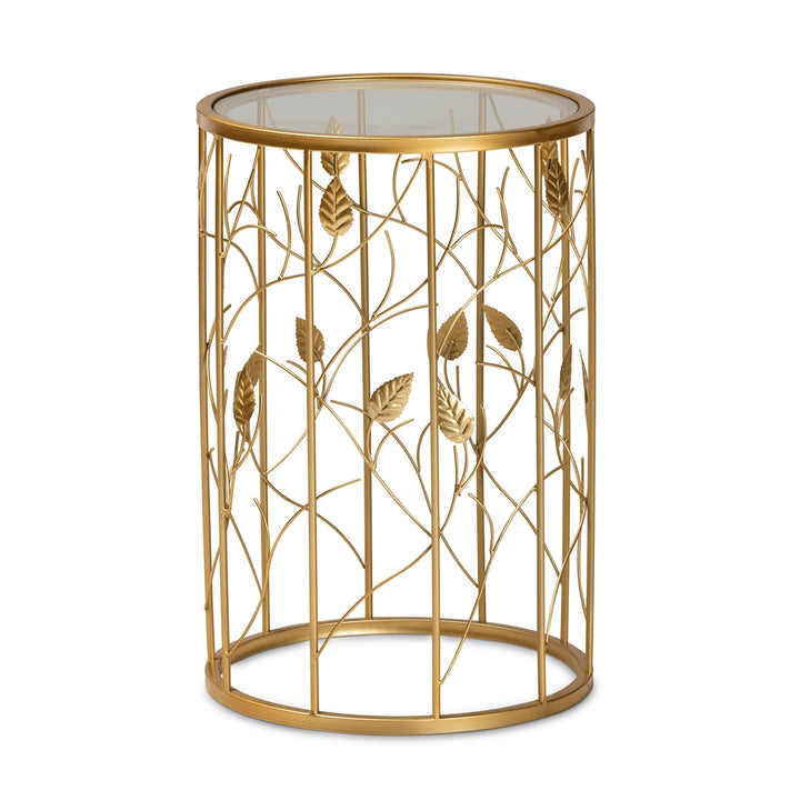 Anaya Glam Brushed Gold Metal and Glass Leaf Accent Table