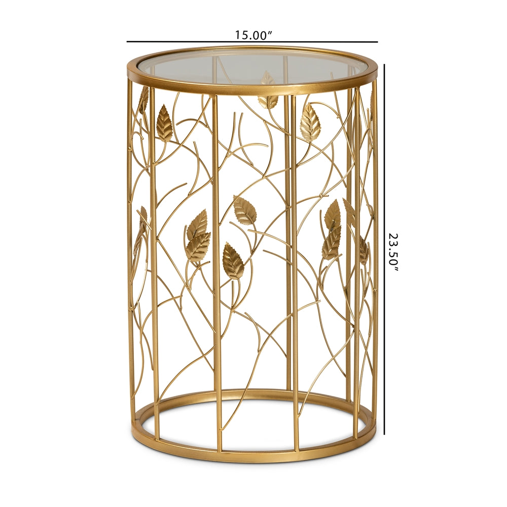 Gold leaf-patterned side table with dimensions on a white background