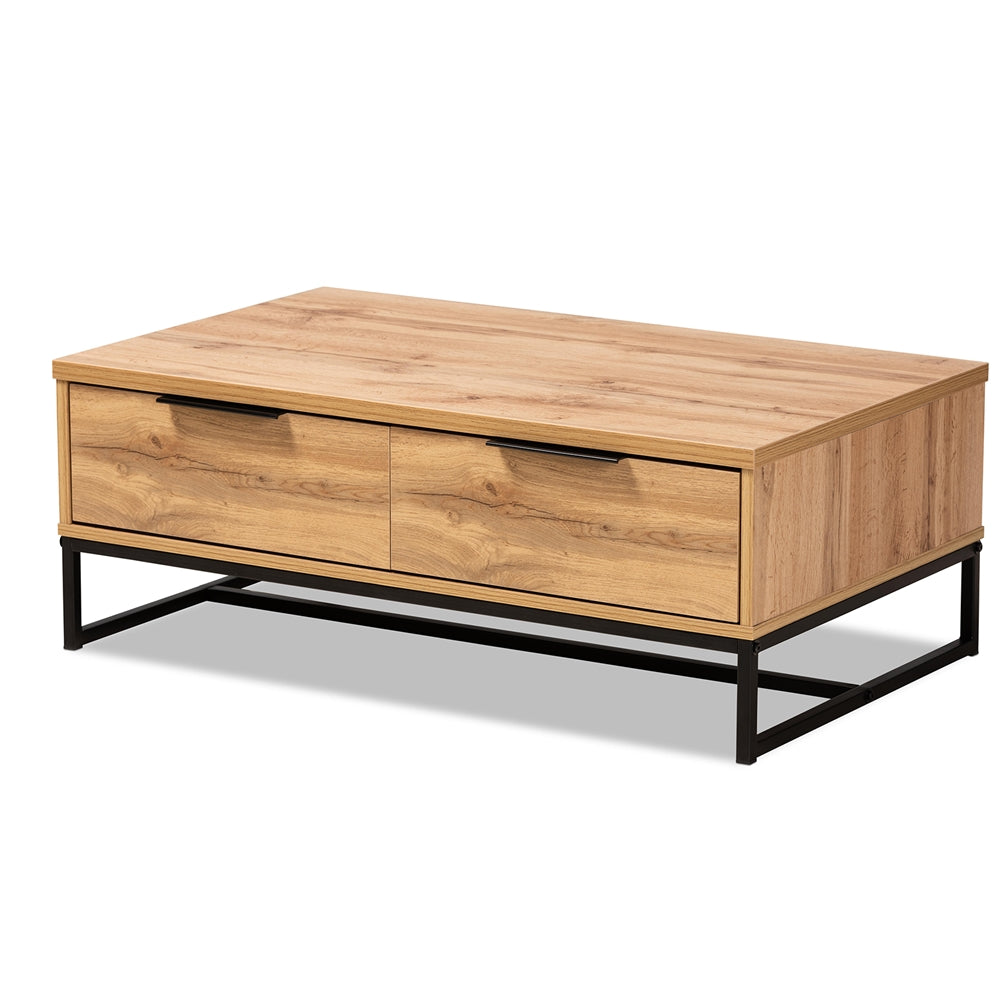 Franklin Brown Oak and Metal 2-Drawer Coffee Table