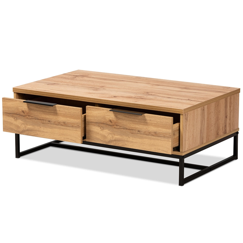 Franklin Brown Oak and Metal 2-Drawer Coffee Table