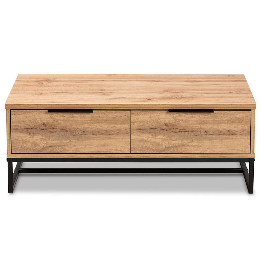 Franklin Brown Oak and Metal 2-Drawer Coffee Table