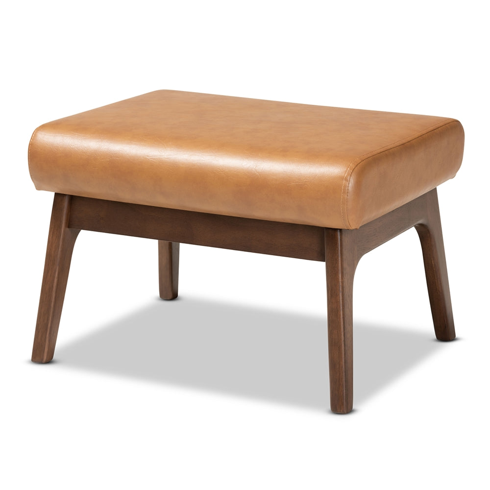 Bianca Mid-Century Modern Walnut Brown Finished Wood and Tan Vegan Leather Ottoman
