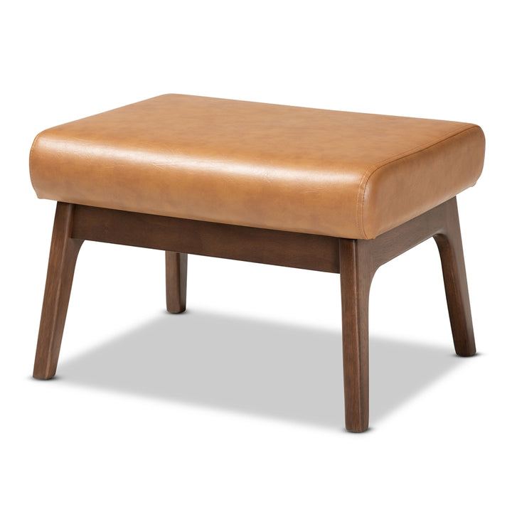 Bianca Mid-Century Modern Walnut Brown Finished Wood and Tan Vegan Leather Ottoman