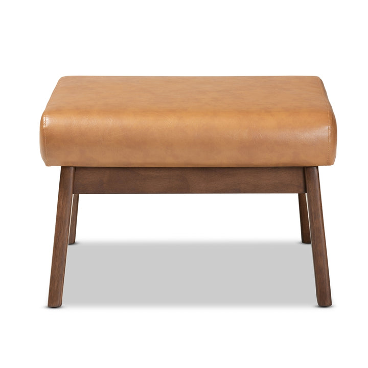 Bianca Mid-Century Modern Walnut Brown Finished Wood and Tan Vegan Leather Ottoman