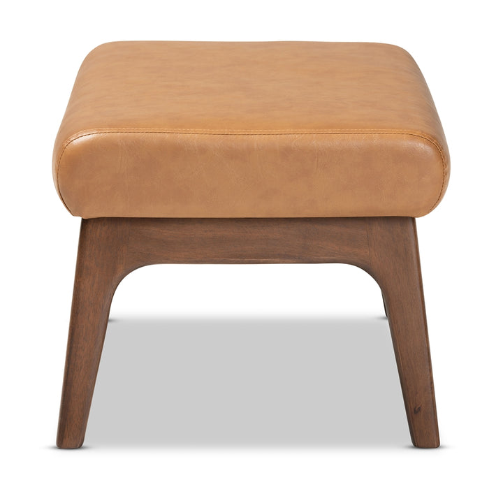 Bianca Mid-Century Modern Walnut Brown Finished Wood and Tan Vegan Leather Ottoman