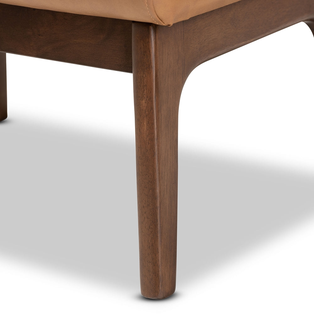 Bianca Mid-Century Modern Walnut Brown Finished Wood and Tan Vegan Leather Ottoman
