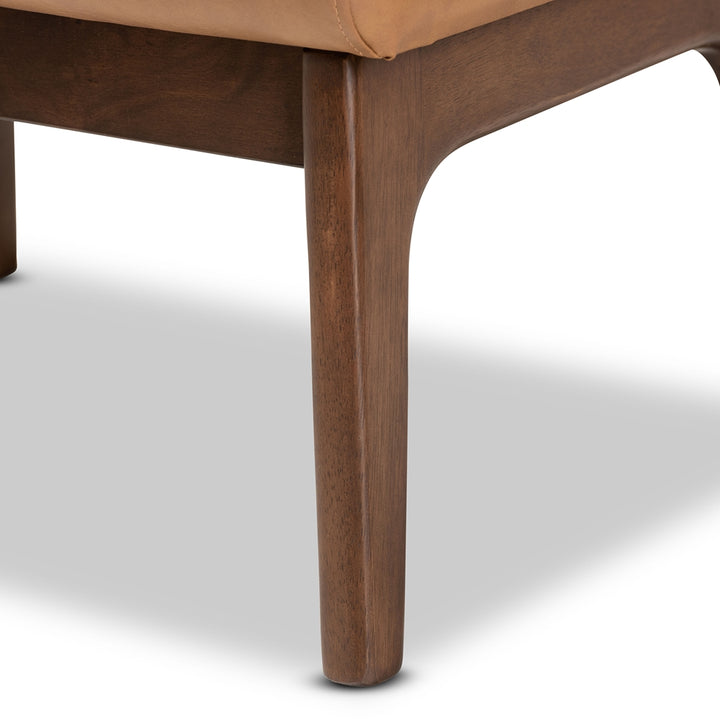 Bianca Mid-Century Modern Walnut Brown Finished Wood and Tan Vegan Leather Ottoman