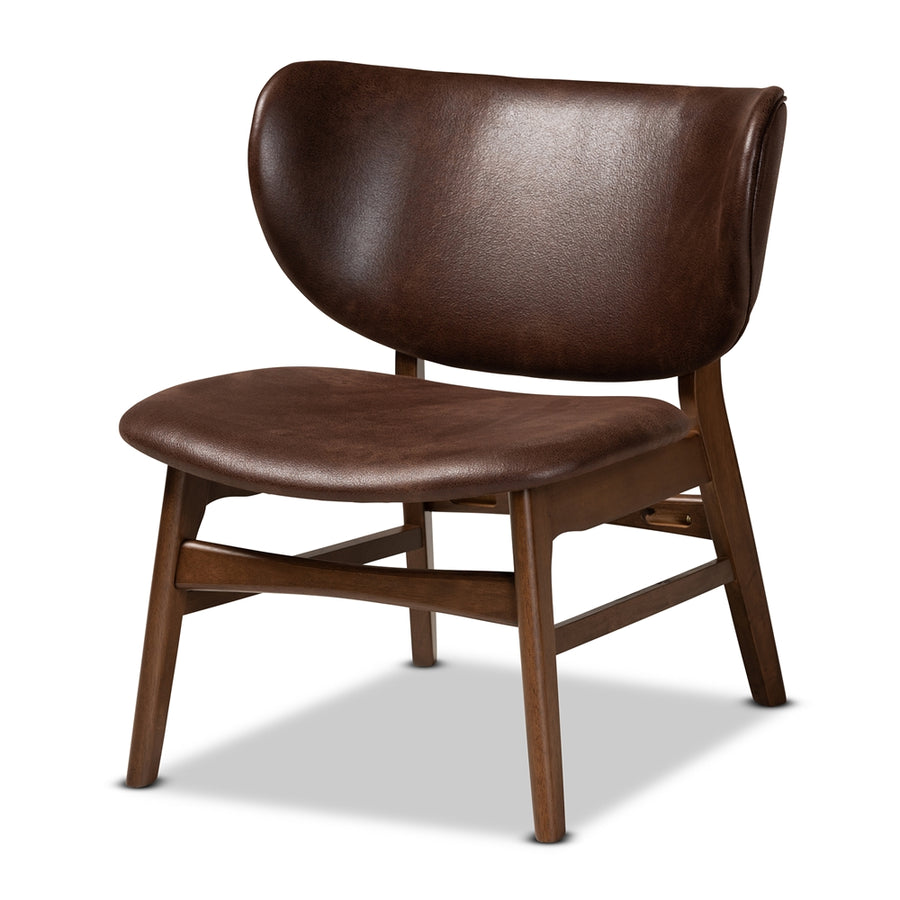 Brown leather chair with wooden frame on a white background