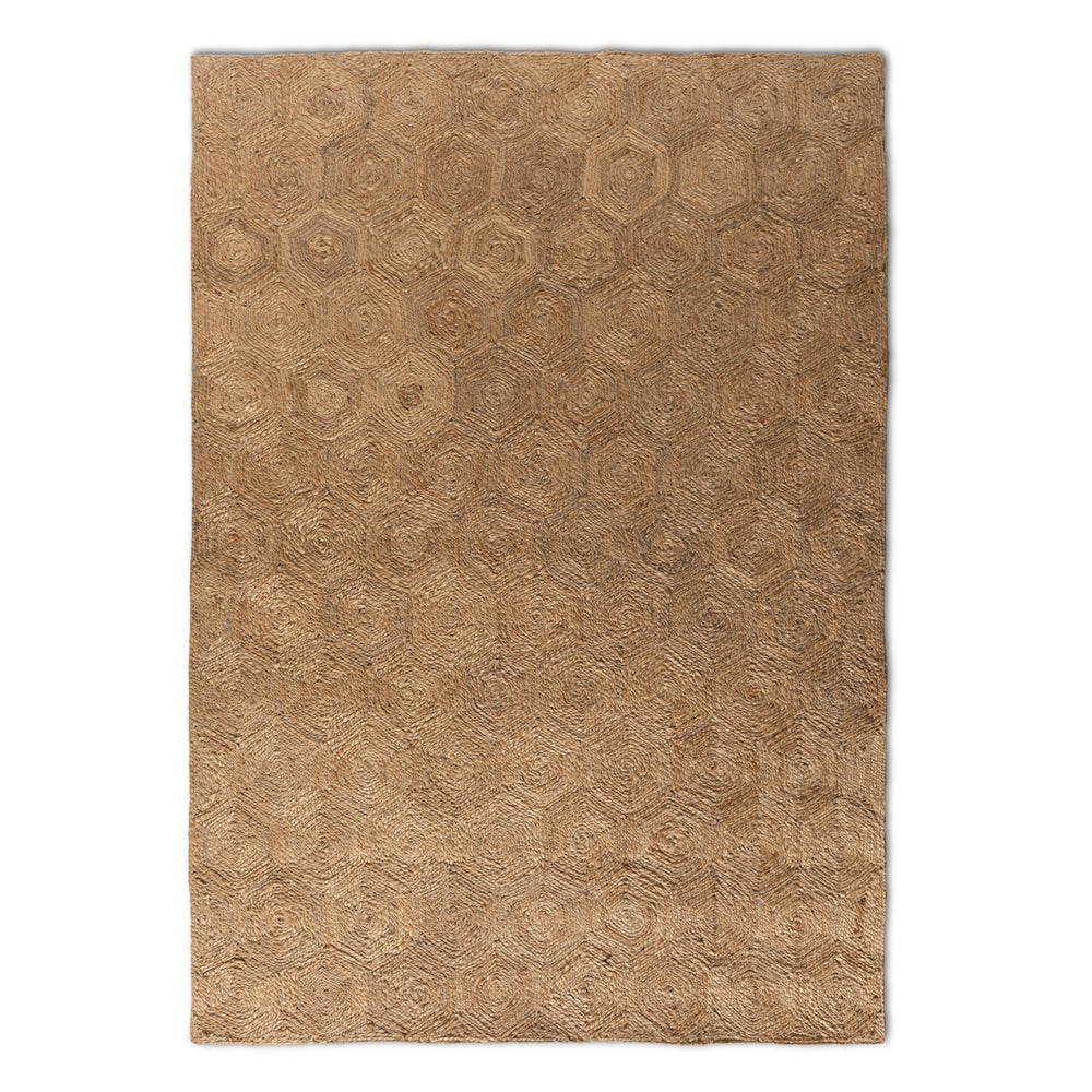 Beige textured rug with geometric pattern on a white background