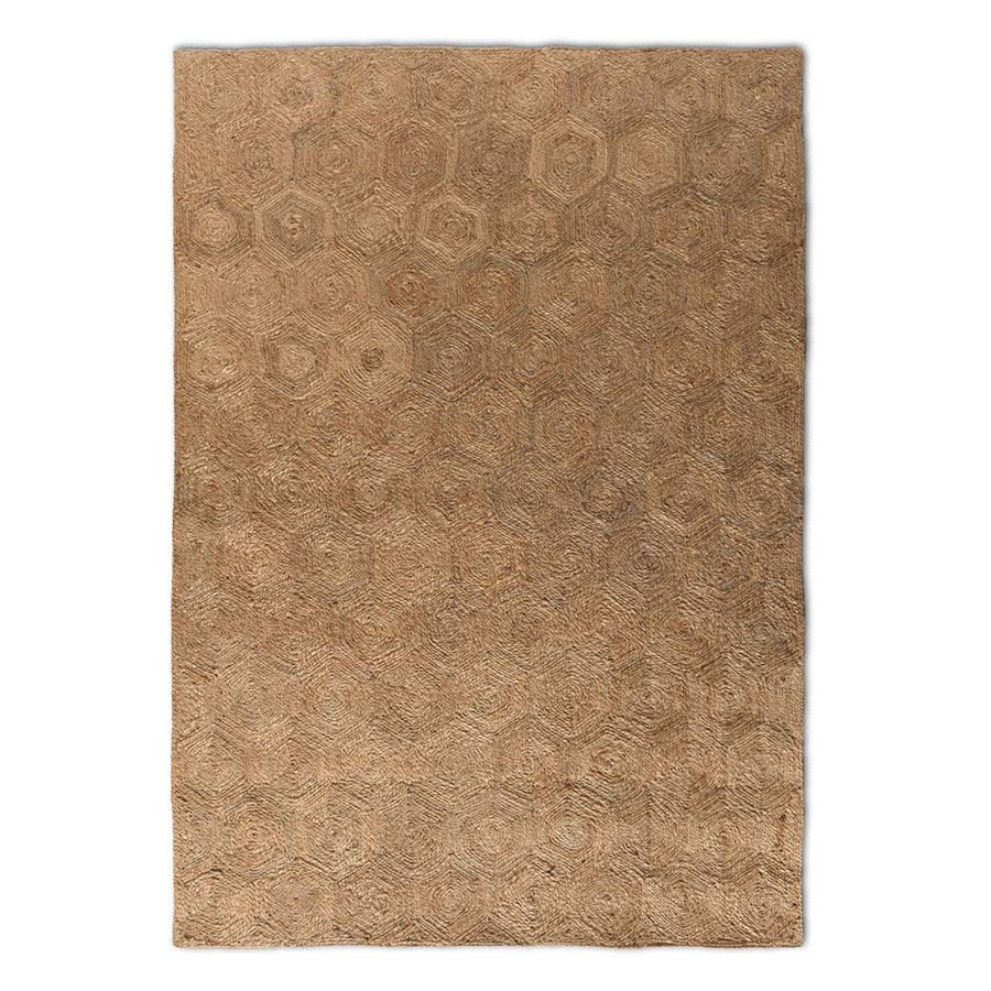 Beige textured rug with geometric pattern on a white background