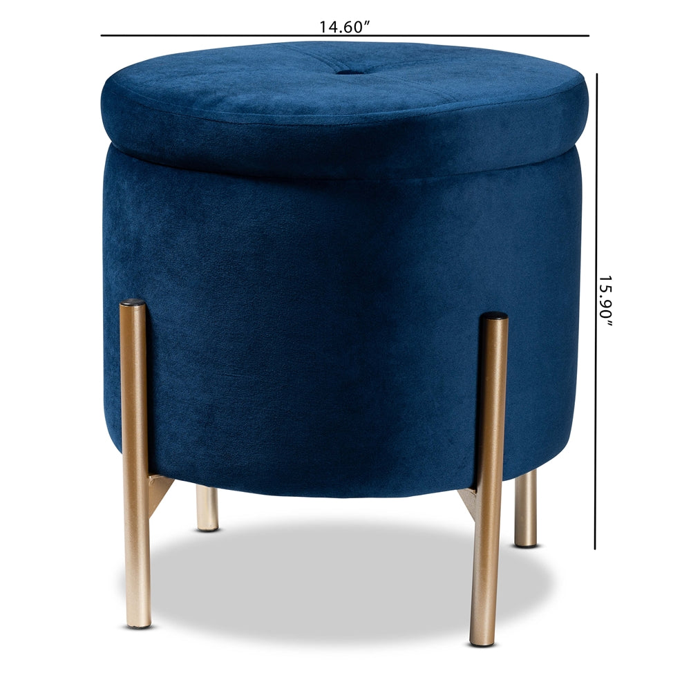 Blue ottoman with gold legs and dimensions on a white background