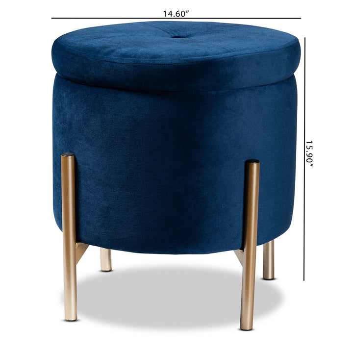 Blue ottoman with gold legs and dimensions on a white background