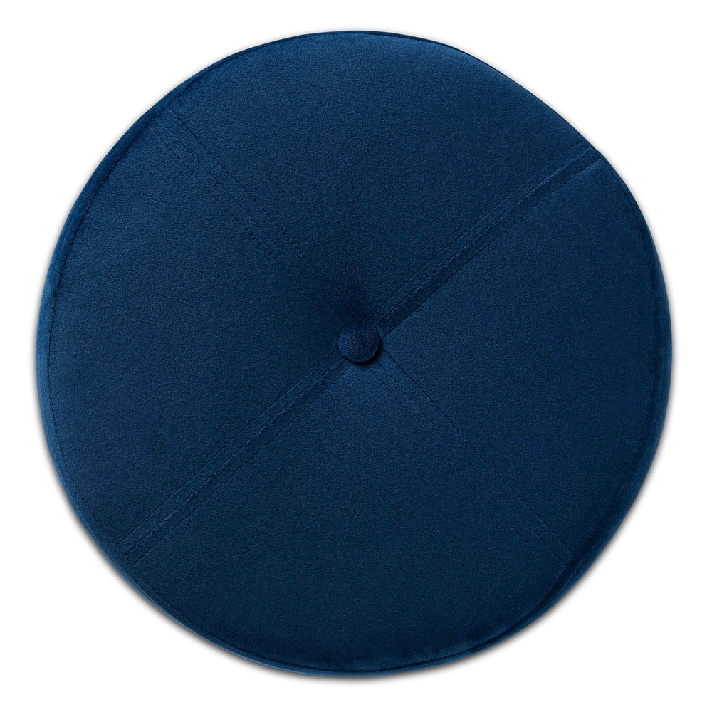 Navy blue circular object with a central button on a white background