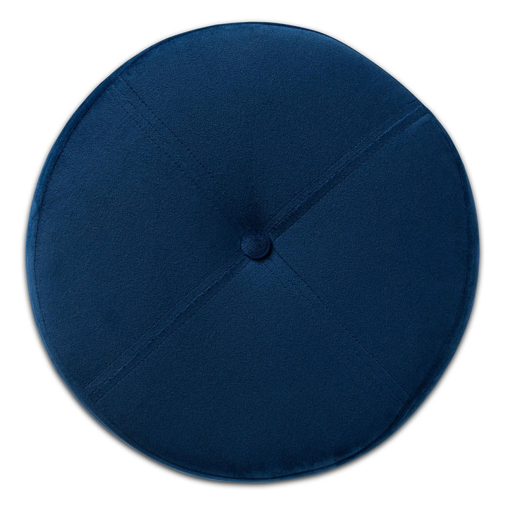 Navy blue circular object with a central button on a white background