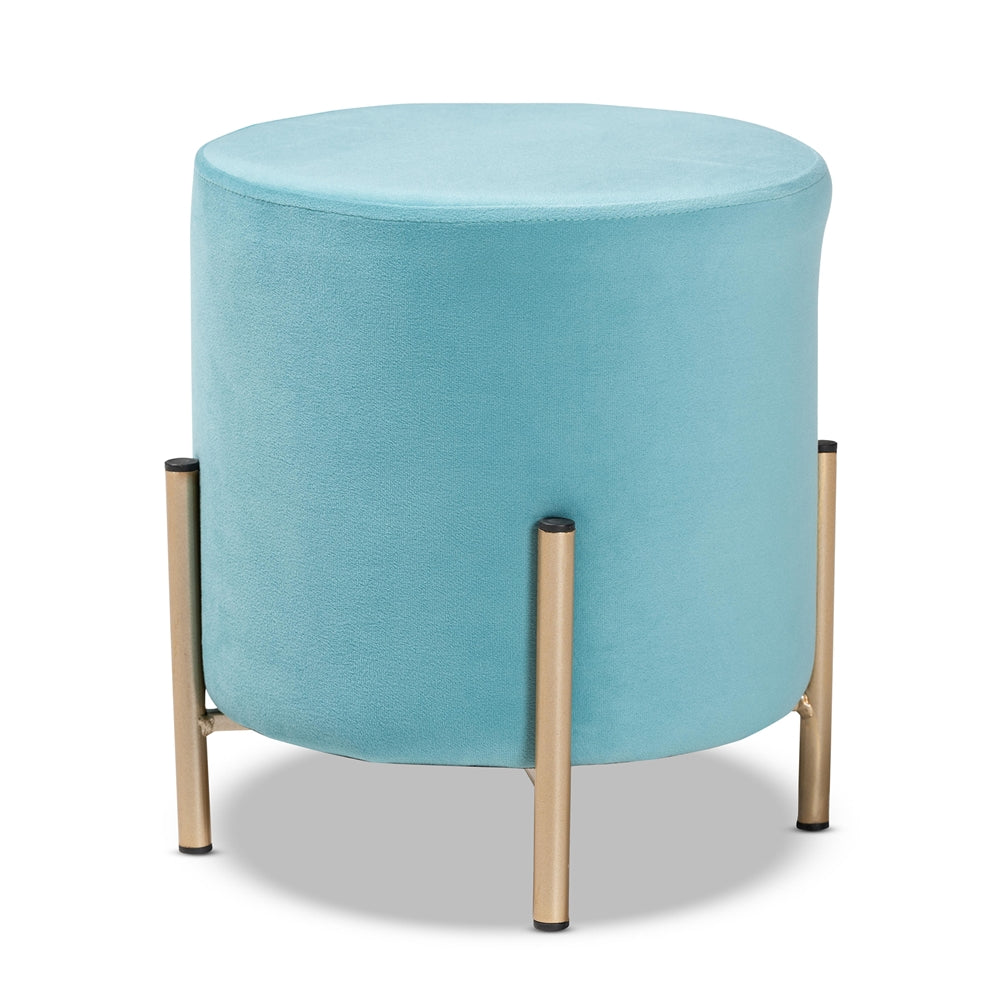 Thurman Glam Sky Blue Velvet Upholstered Ottoman with Gold Metal Base