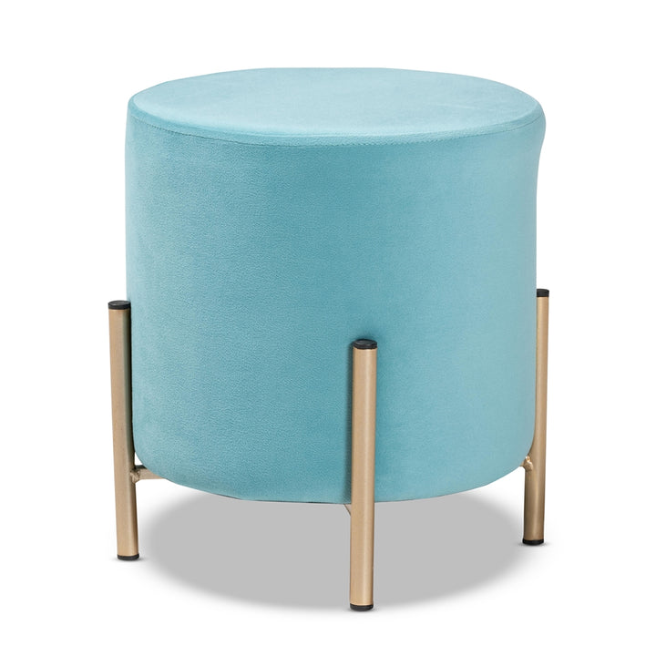 Thurman Glam Sky Blue Velvet Upholstered Ottoman with Gold Metal Base