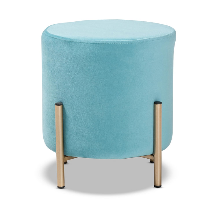 Thurman Glam Sky Blue Velvet Upholstered Ottoman with Gold Metal Base