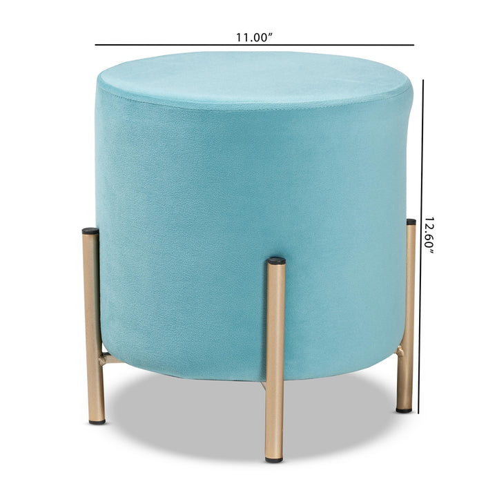 Thurman Glam Sky Blue Velvet Upholstered Ottoman with Gold Metal Base