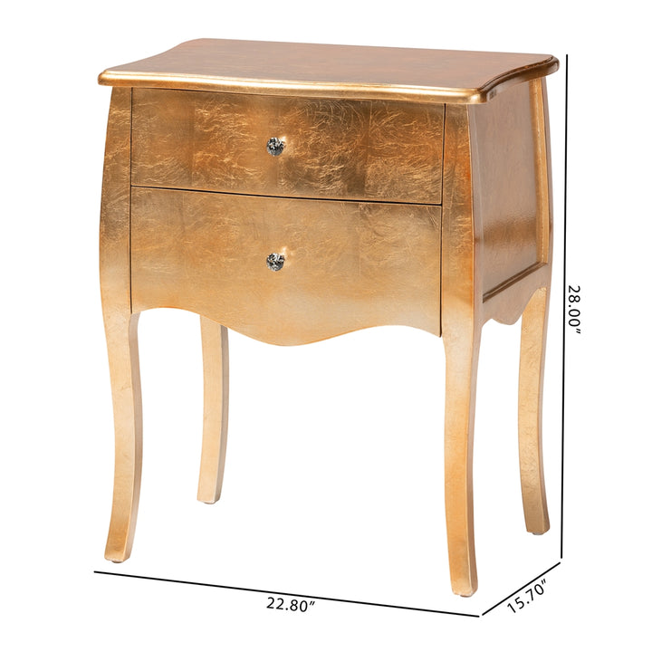 Gold nightstand with dimensions on a white background