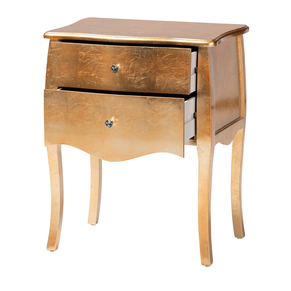 Gold nightstand with two drawers on a white background