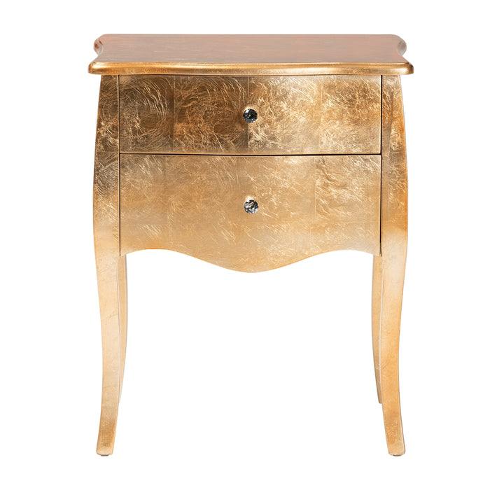 Gold metallic nightstand with two drawers on a white background