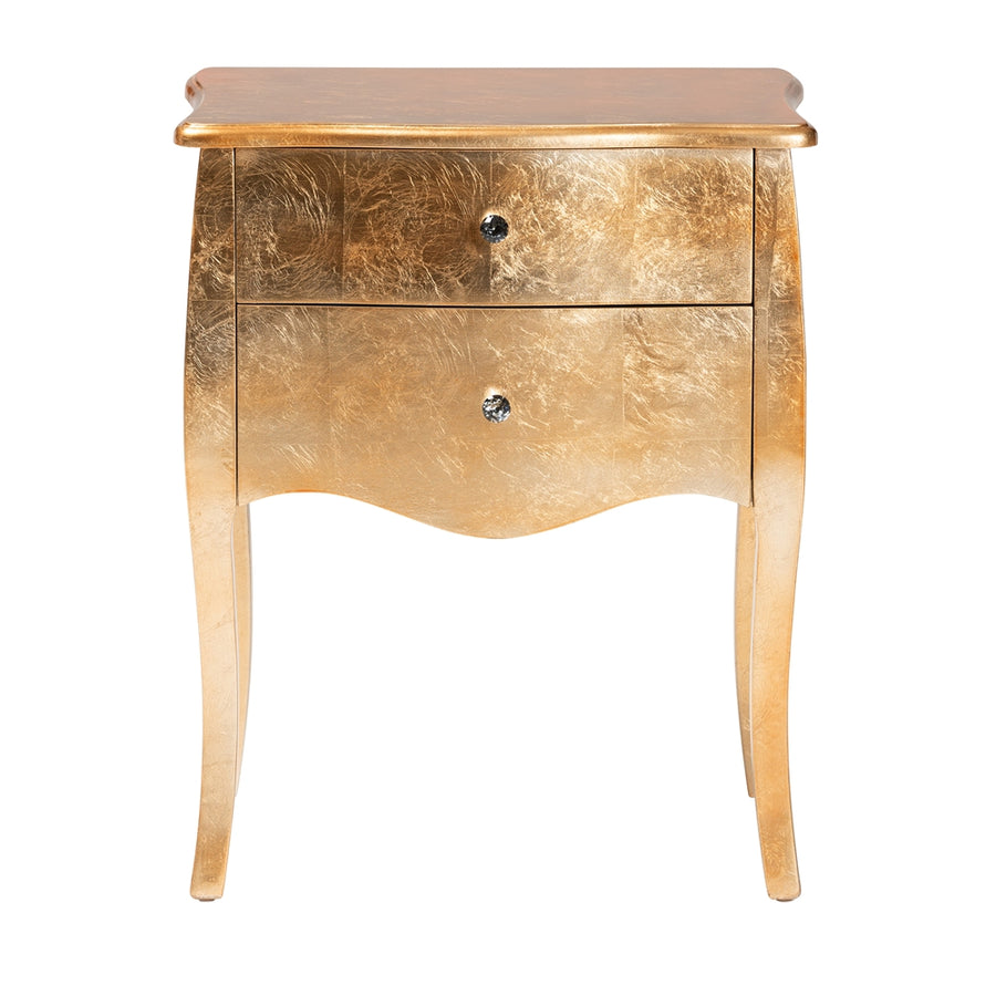 Gold metallic nightstand with two drawers on a white background