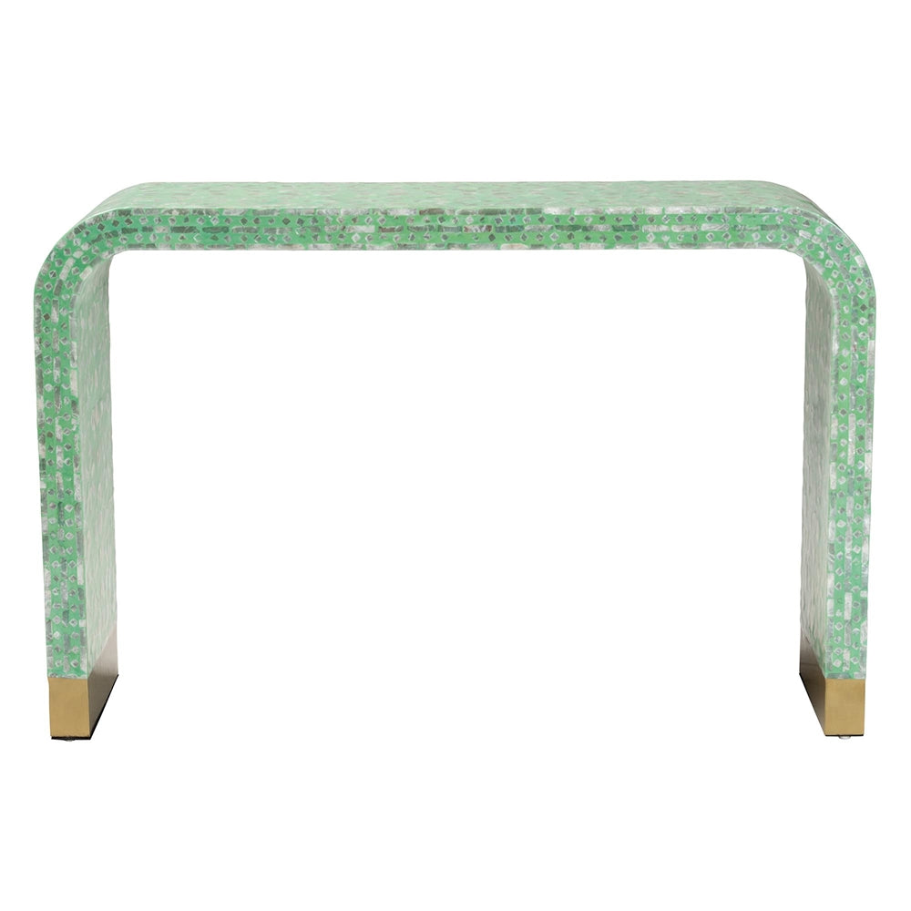 Didrika Modern Bohemian Seafoam Green Mother of Pearl Console Table