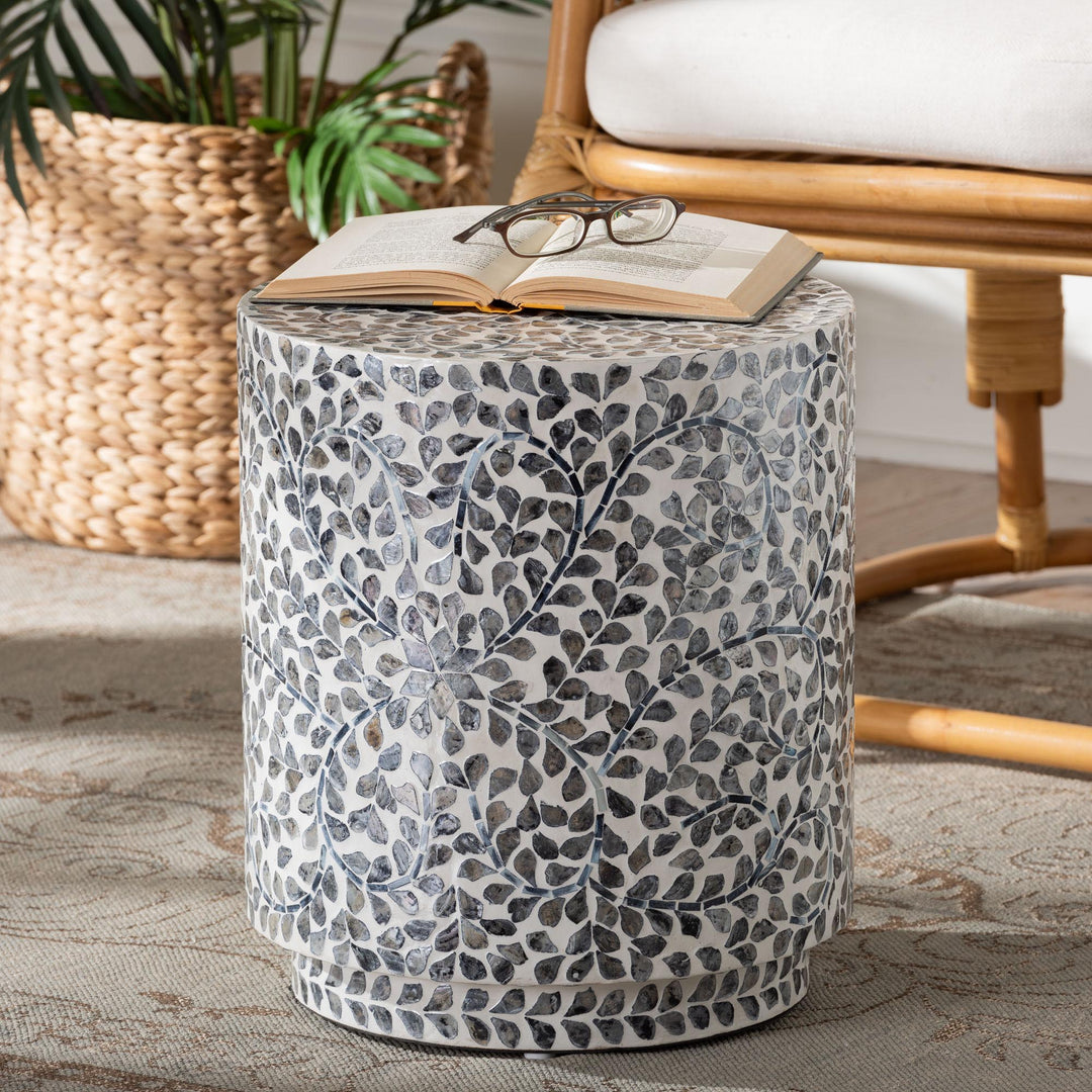 Bali & pari Marilla Coastal Black and White Mother of Pearl Capiz Shell Ottoman Footstool