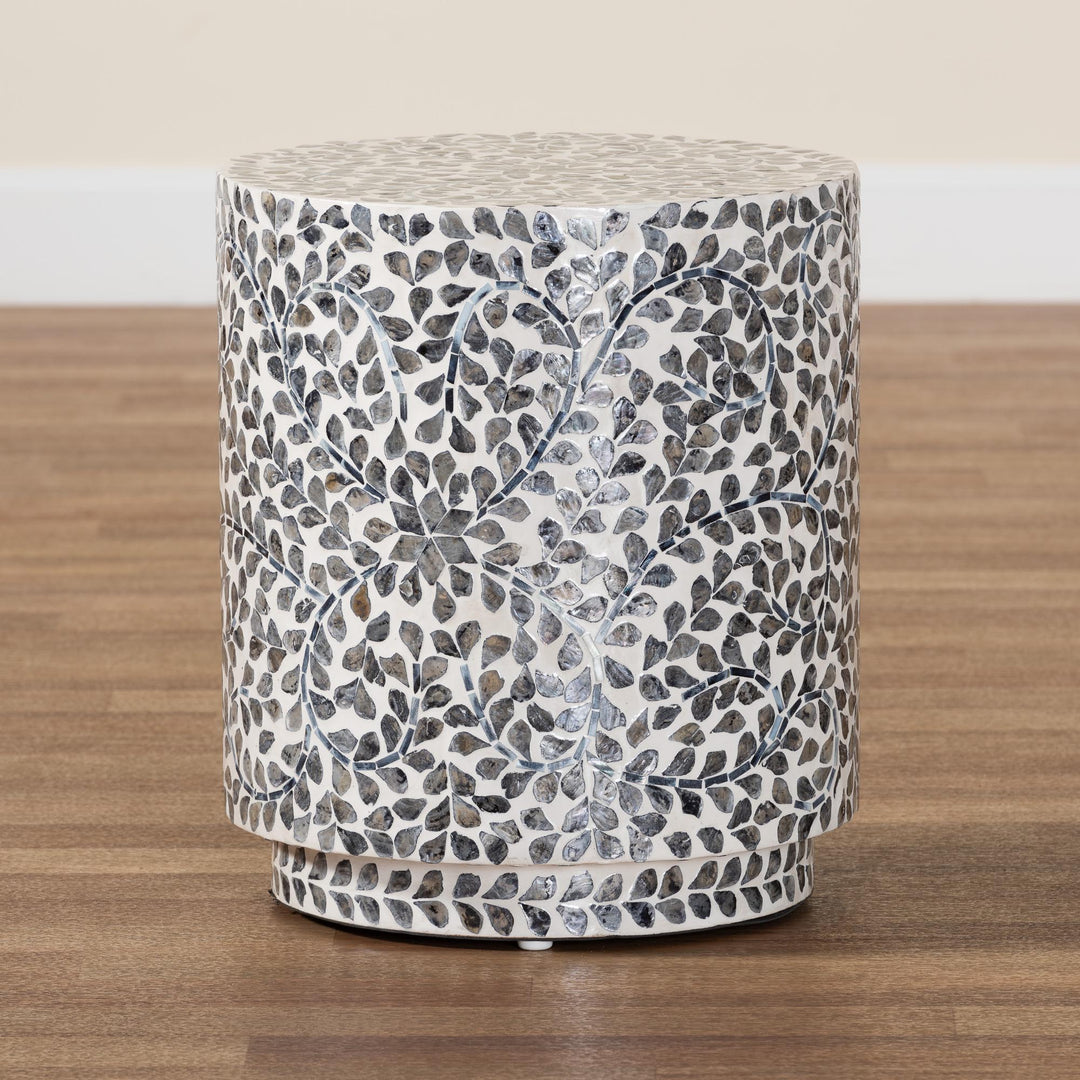 Bali & pari Marilla Coastal Black and White Mother of Pearl Capiz Shell Ottoman Footstool