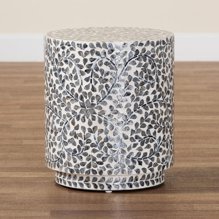 Bali & pari Marilla Coastal Black and White Mother of Pearl Capiz Shell Ottoman Footstool