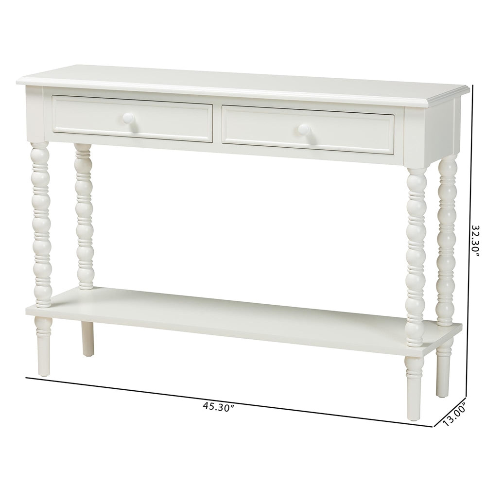 Malinda Classic White Wood 2-Drawer Console Table with Spindle Legs