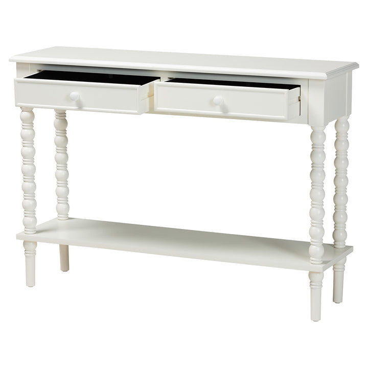 Malinda Classic White Wood 2-Drawer Console Table with Spindle Legs