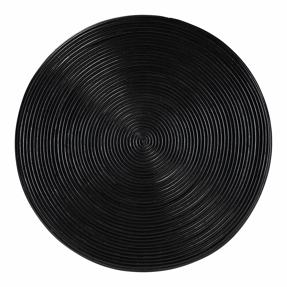 Black circular mat with concentric circle pattern on a white background